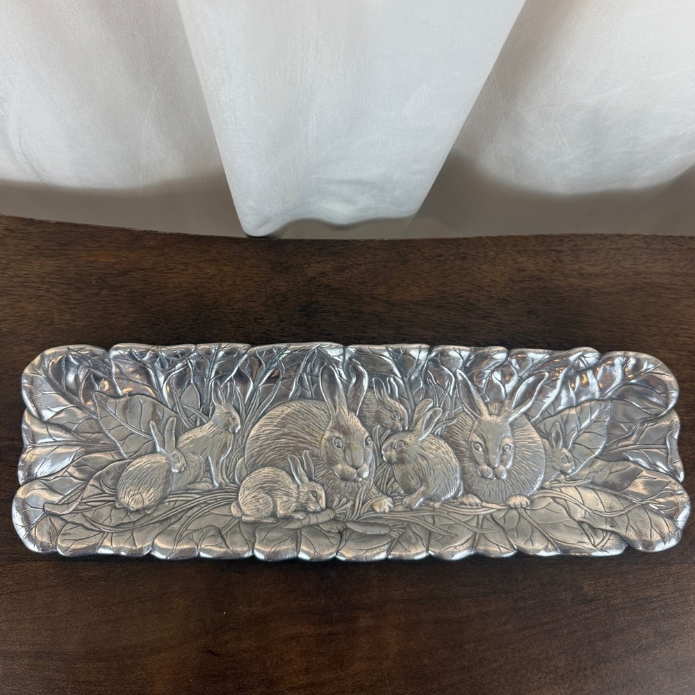 VTG 1990 Arthur Court Cast Aluminum Bunny‎ Bunnies Tray 18" x 5 1/2"